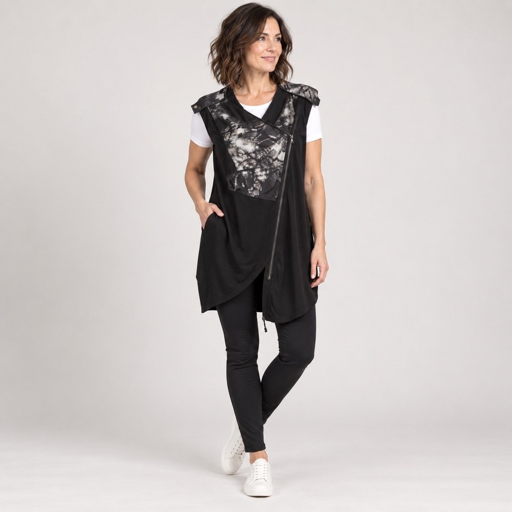 77th Street Black Gray Asymmetrical Zip Layer Tunic Vest Avant Garde Lagenlook